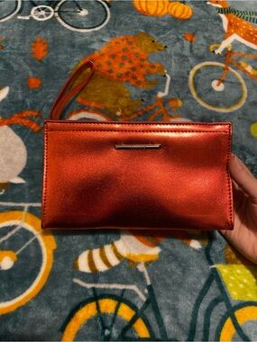 Vintage Clinique Metallic Red Cosmetic Clutch Bag with Wrist Strap